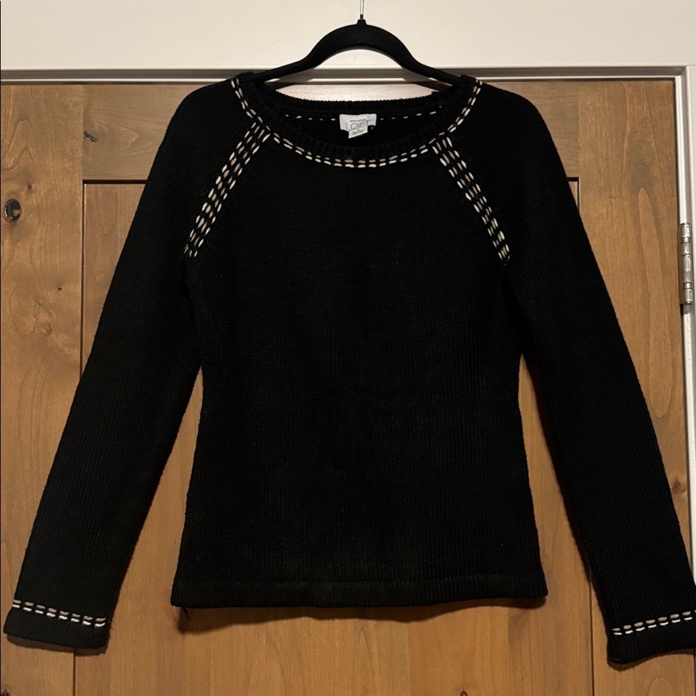 Ann Taylor LOFT Black Wool blend Sweater Top Womens S knit woven details preppy